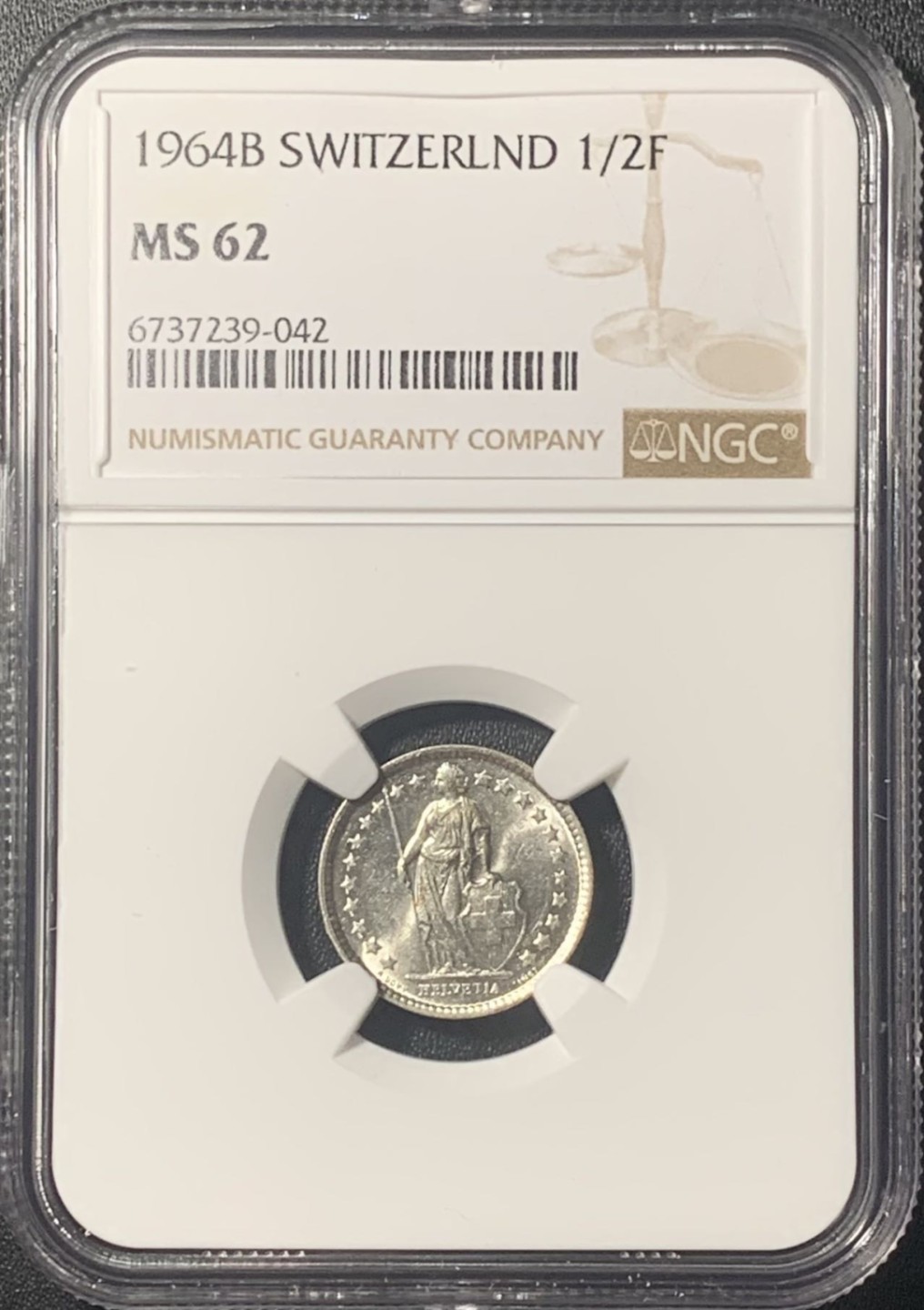 紫瑗钱币——第267期拍卖 瑞士 1962年 赫尔维蒂亚 1/2法郎 银币 NGC MS62