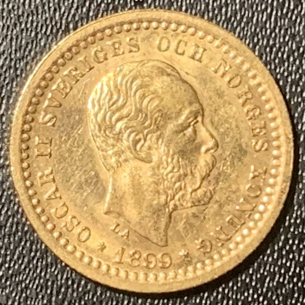 紫瑗钱币——第267期拍卖 瑞典 1899年 奥斯卡二世 5克朗 2.2克 0.9金 UNC