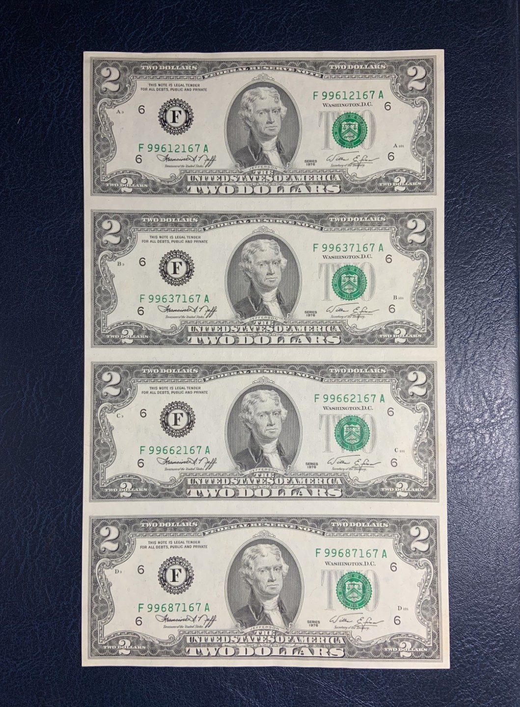 收藏联盟Quantum Auction 第256期拍卖  美国联邦储备券1976年2元四连体 品相如图 UNC-AU 
