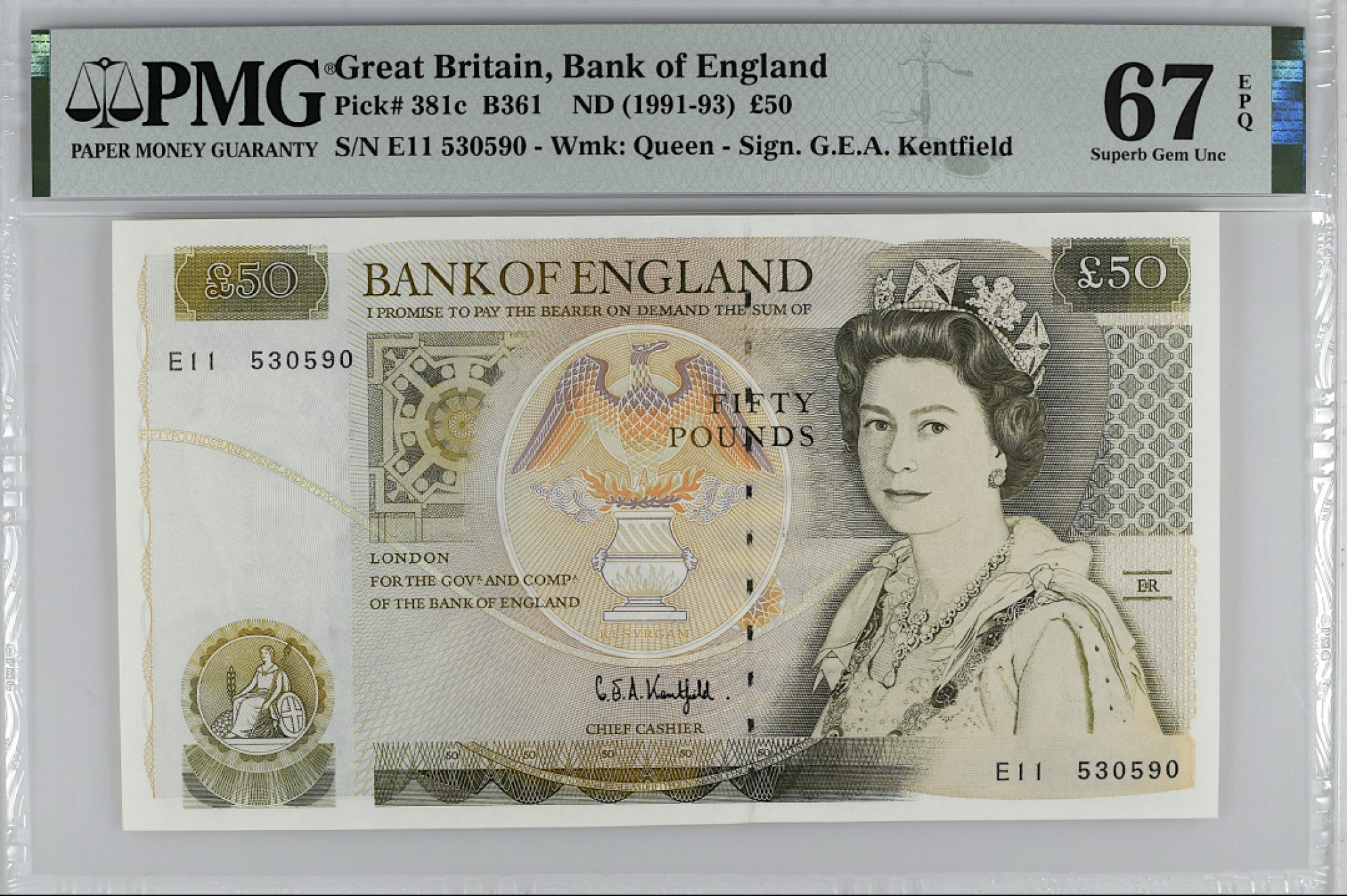《张总收藏》99期——外币精品100拍 英格兰50镑 PMG67E D序列 1991-93年 亚军分 无47