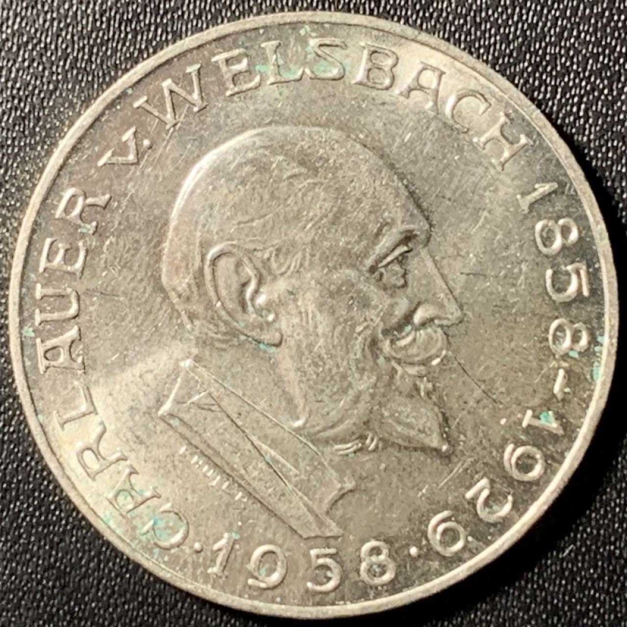 紫瑗钱币——第267期拍卖 奥地利 1958年 化学家奥尔诞辰100周年 25先令 13克 0.8银 UNC