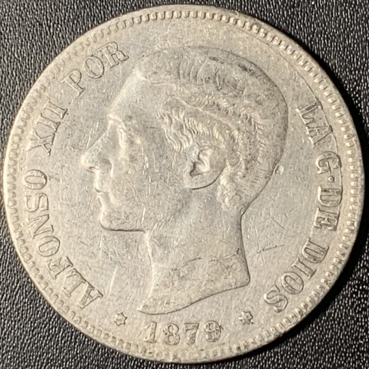 紫瑗钱币——第268期拍卖 西班牙 1879年 阿方索十二世 5比塞塔 25克 0.9银