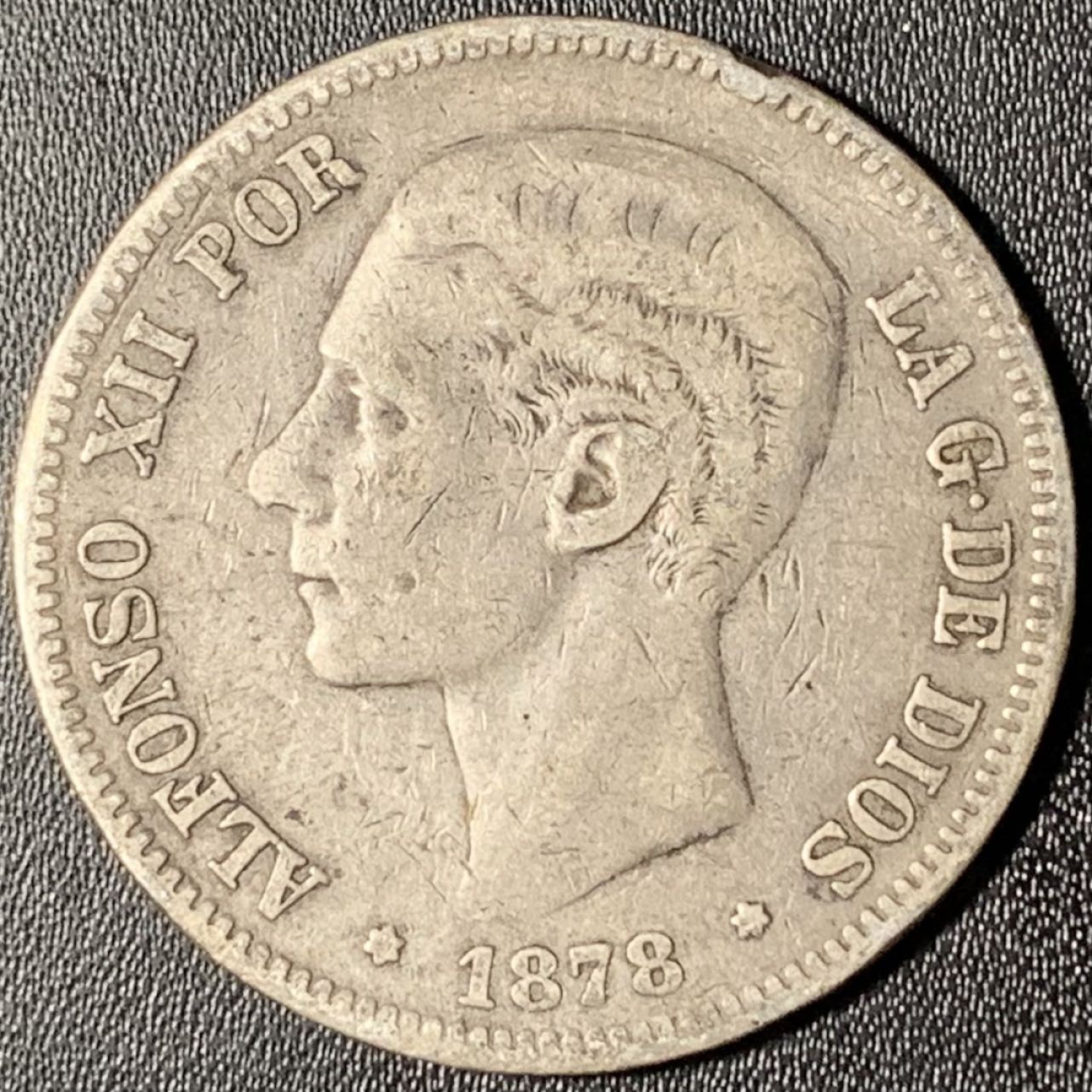 紫瑗钱币——第268期拍卖 西班牙 1878年 阿方索十二世 5比塞塔 25克 0.9银