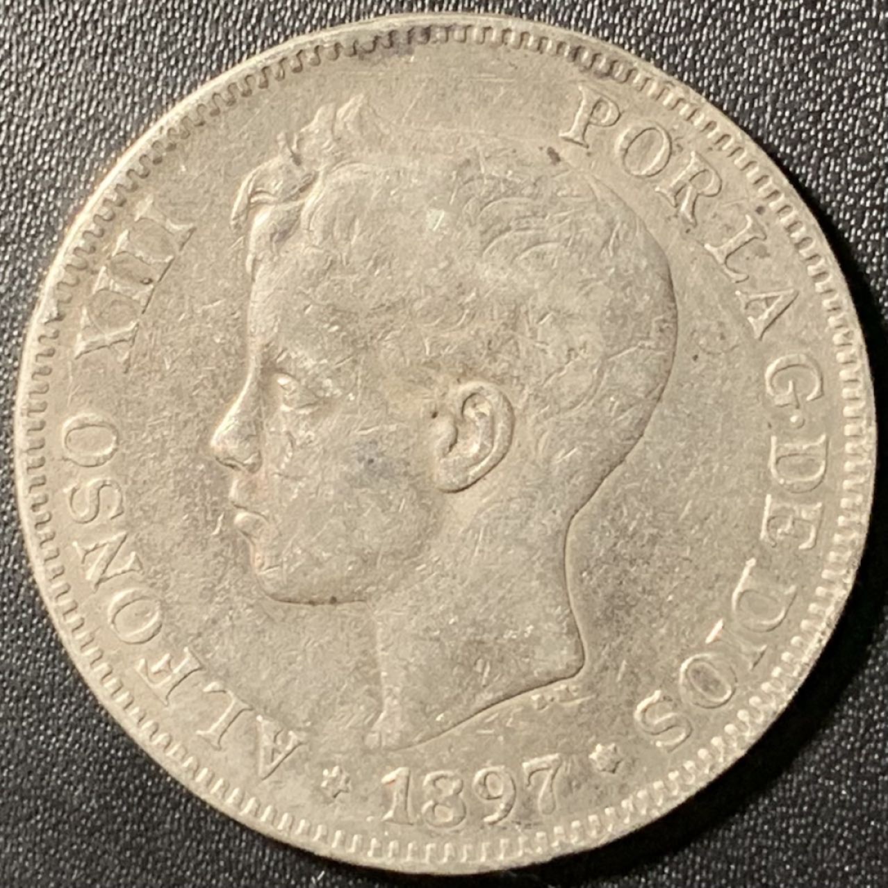 紫瑗钱币——第267期拍卖 西班牙 1897年 阿方索十三世 小孩头 5比塞塔 25克 0.9银