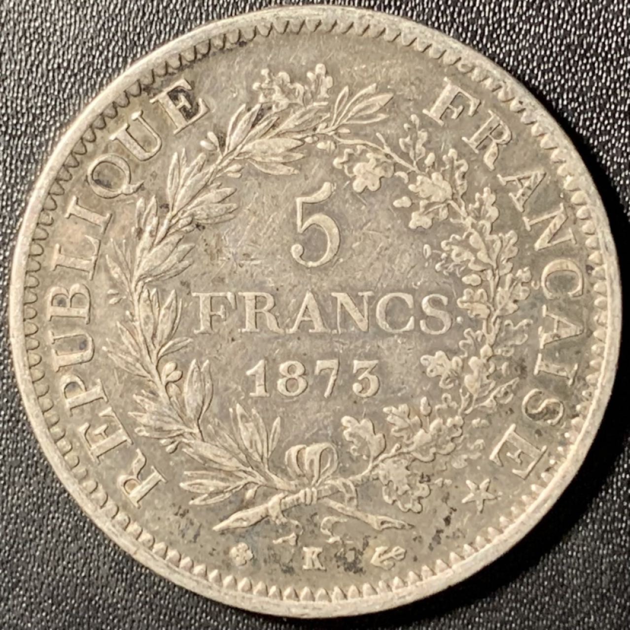 紫瑗钱币——第267期拍卖 法国 1873年 K版 大力神 5法郎 25克 0.9银 少见