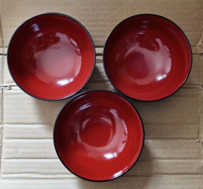 红漆描金松树纹大漆木碗一组 - 红漆描金松树纹大漆木碗一组