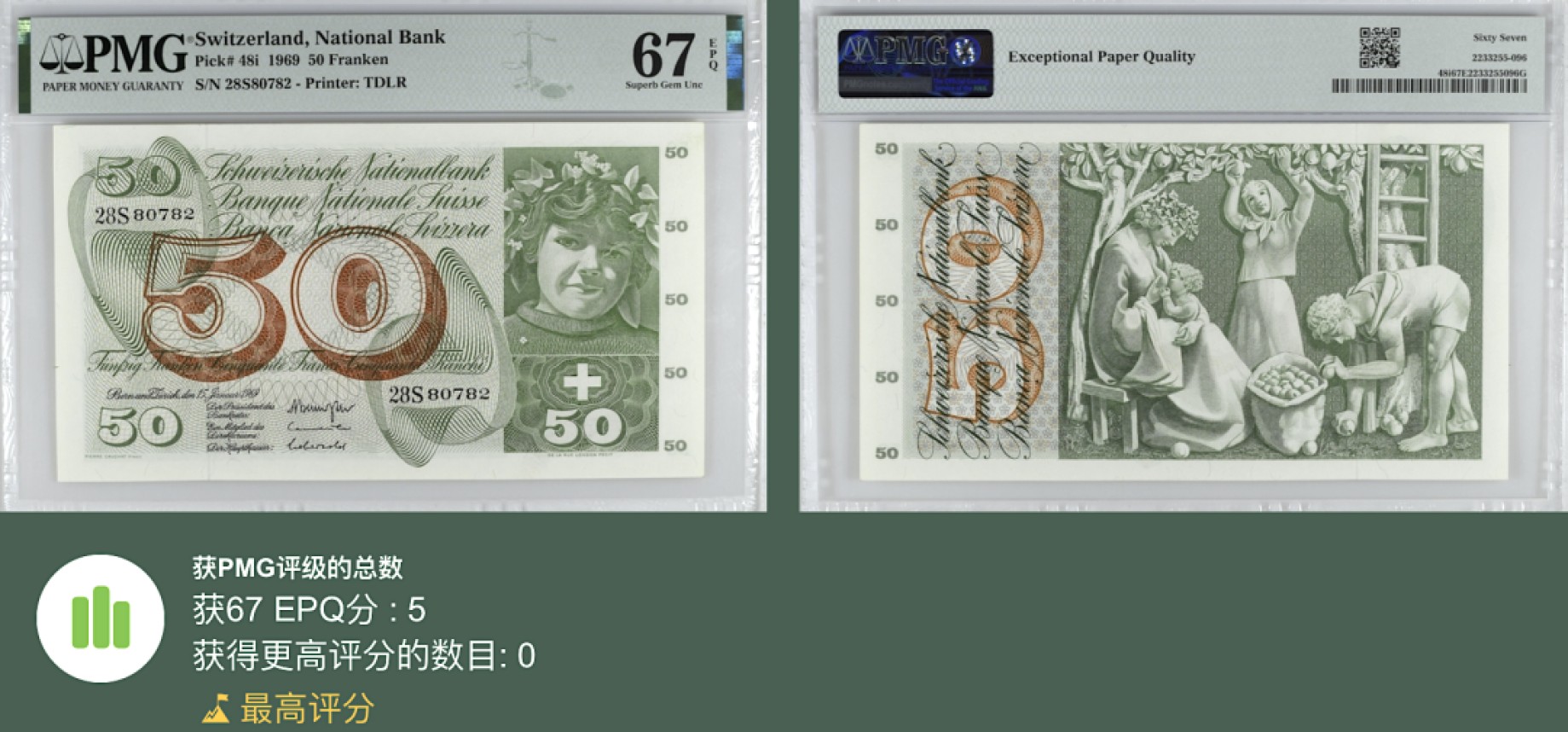 《张总收藏》99期——外币精品100拍 瑞士50法郎 PMG67E 1969年 苹果园 无4 冠军分