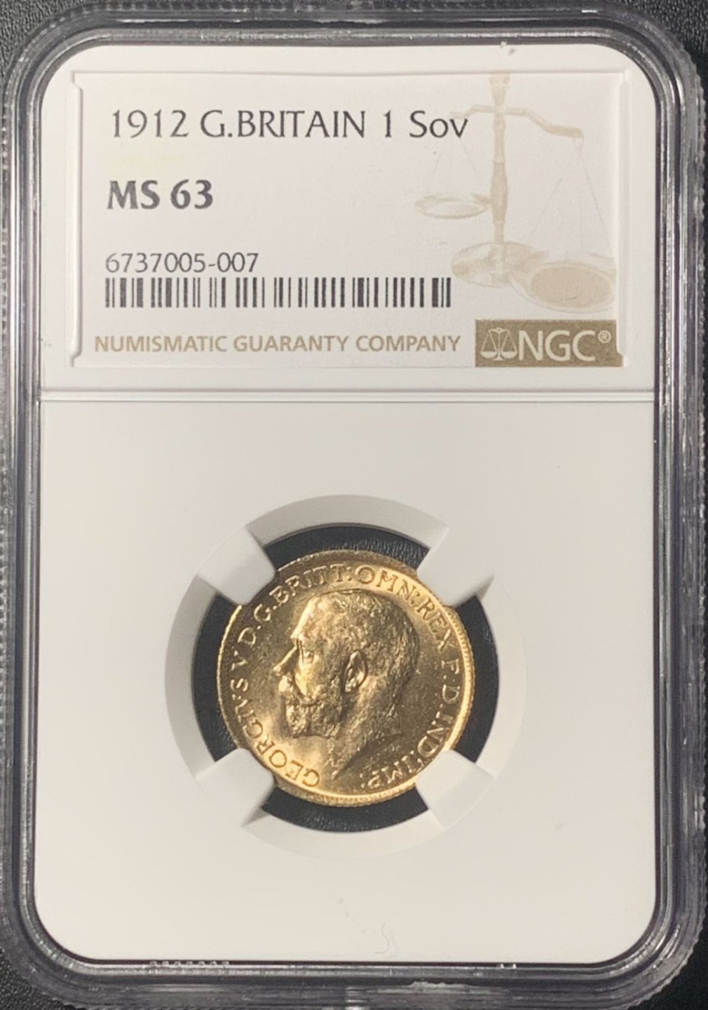 紫瑗钱币——第317期拍卖 英国 1912 乔治五世 1索维林(磅) 金币 NGC MS63