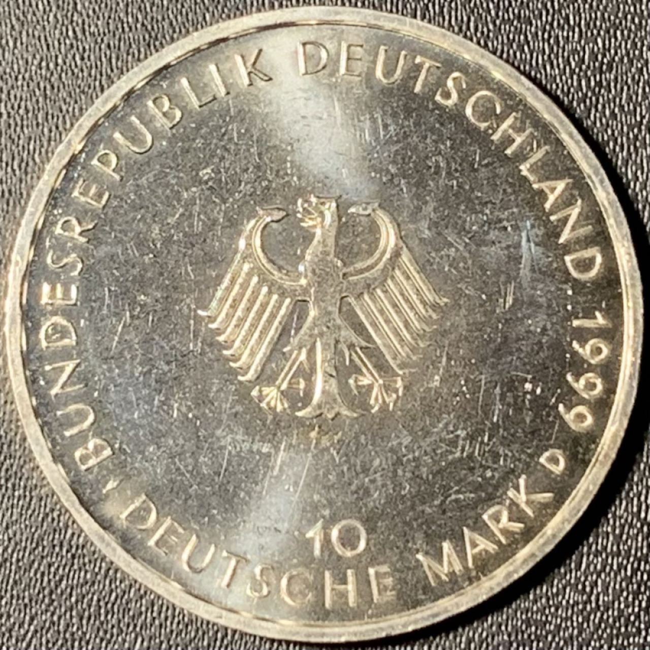 紫瑗钱币——第268期拍卖 德国 1999年 D厂 宪法50周年 10马克 15.5克 0.925银 UNC