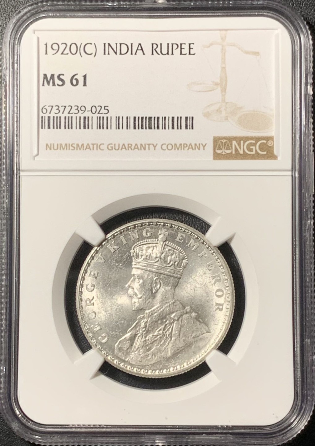 紫瑗钱币——第268期拍卖 英属印度 1920年 C版 乔治五世 1卢比 银币 NGC MS61