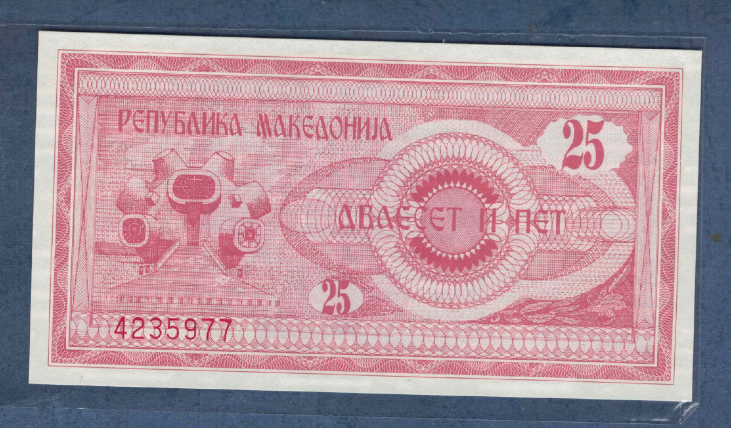 马其顿25第纳尔 1992年 77双尾 克劳斯P-2 欧洲纸币 实物图 UNC