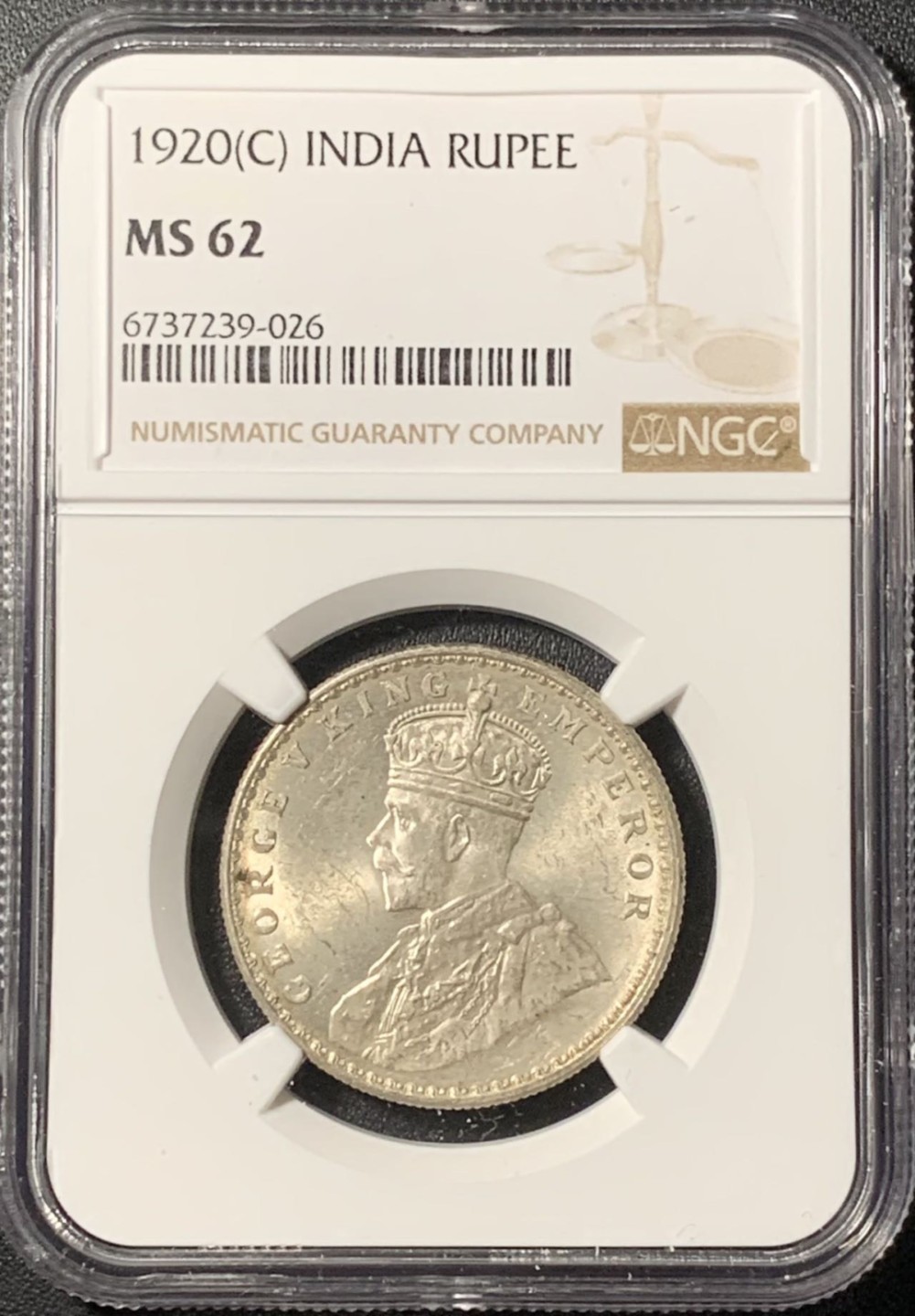 紫瑗钱币——第268期拍卖 英属印度 1920年 C版 乔治五世 1卢比 银币 NGC MS62