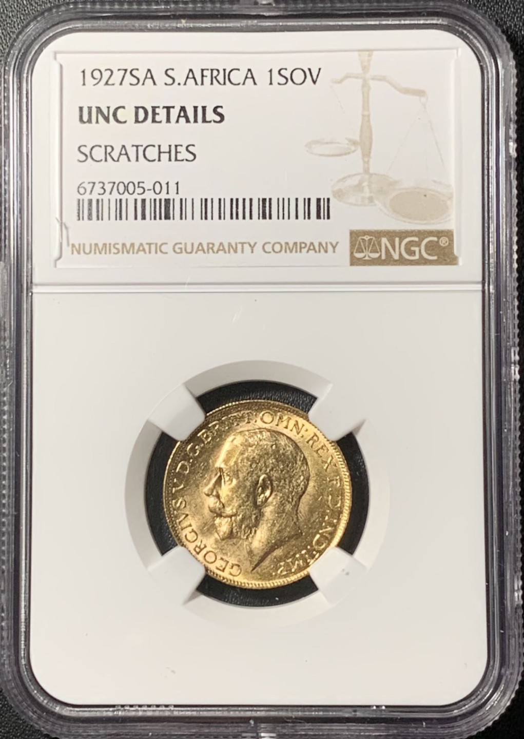 紫瑗钱币——第285期拍卖 南非 1927年 乔治五世 1索维林(磅) 金币 NGC UNC Detail