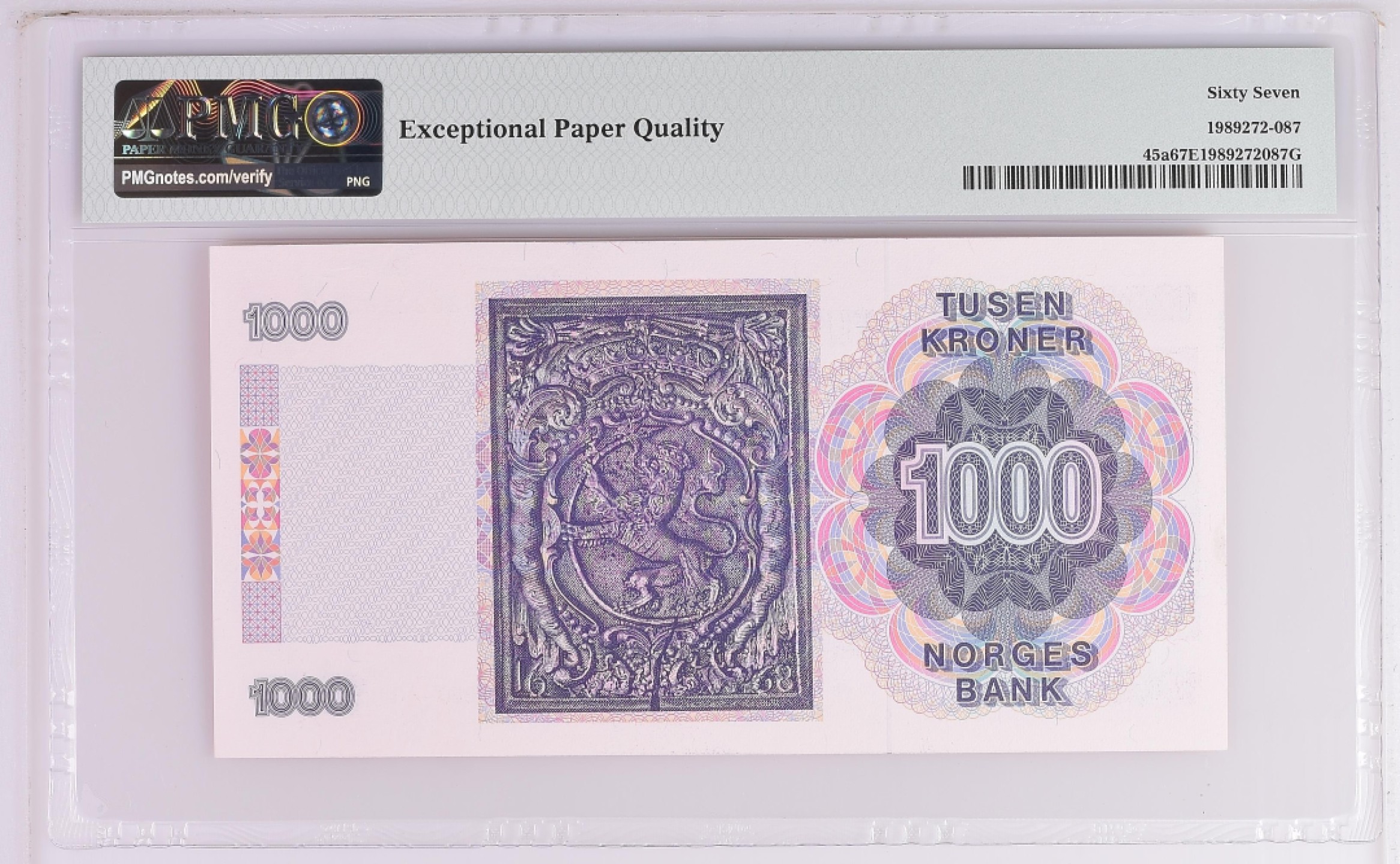 《张总收藏》99期——外币精品100拍 1990年初版挪威1000克朗最高值PMG67E高分无47，名誉品法尔森，背面雕刻非常漂亮