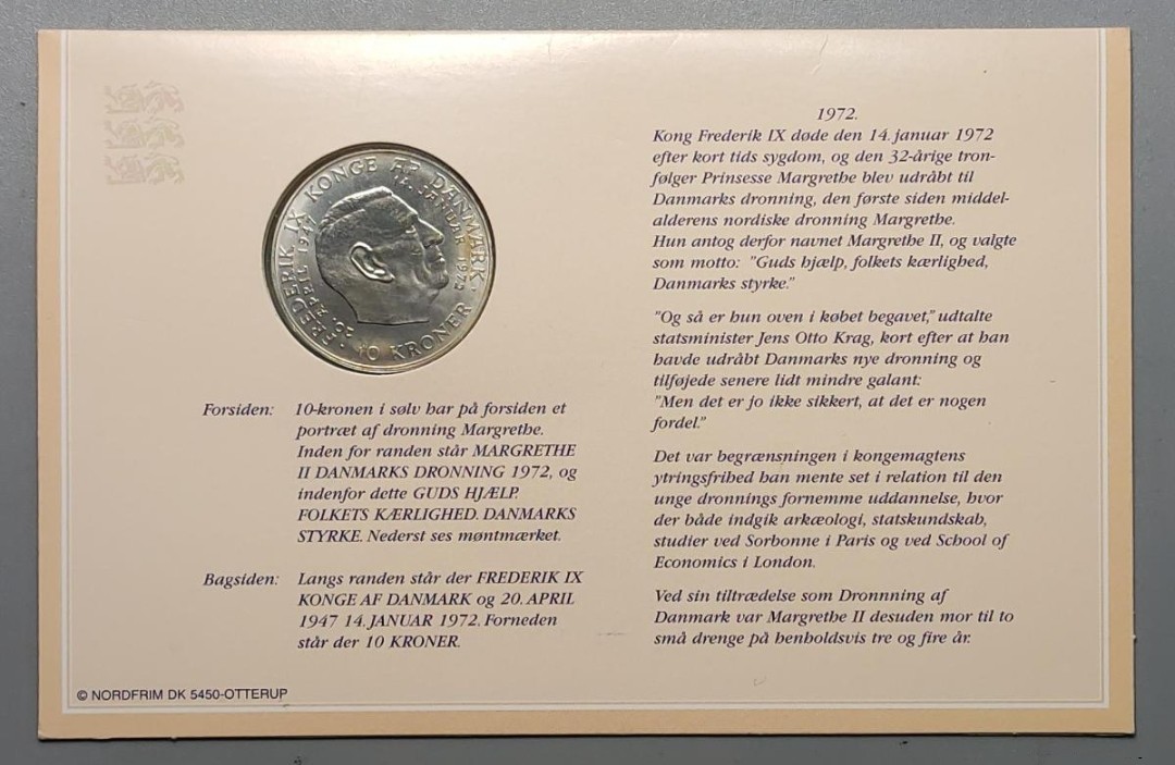 1972年丹麦10克朗纪念银币 玛格丽特二世女王登基币册