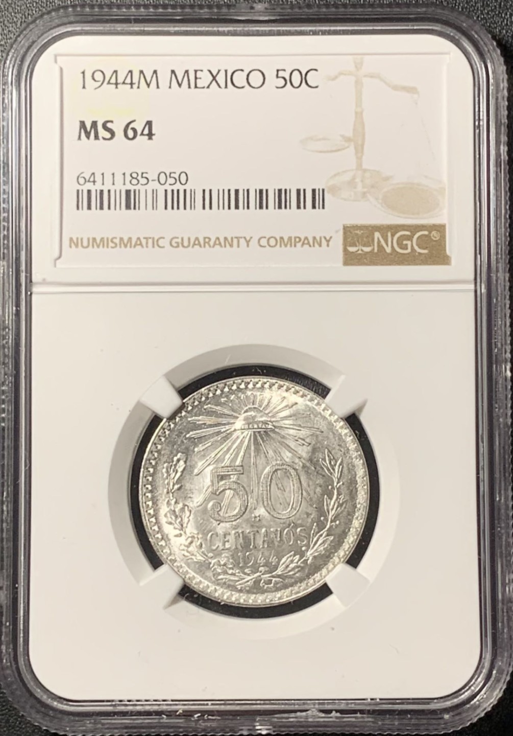 紫瑗钱币——第268期拍卖 墨西哥 1944年 M版 鹰洋 50分 银币 NGC MS64