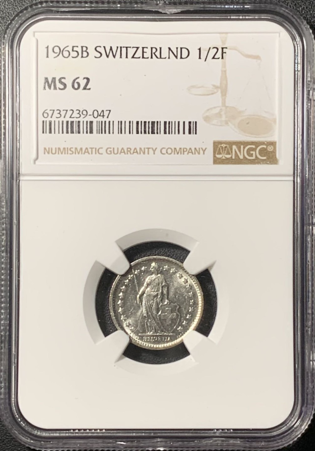 紫瑗钱币——第268期拍卖 瑞士 1965年 赫尔维蒂亚 1/2法郎 银币 NGC MS62