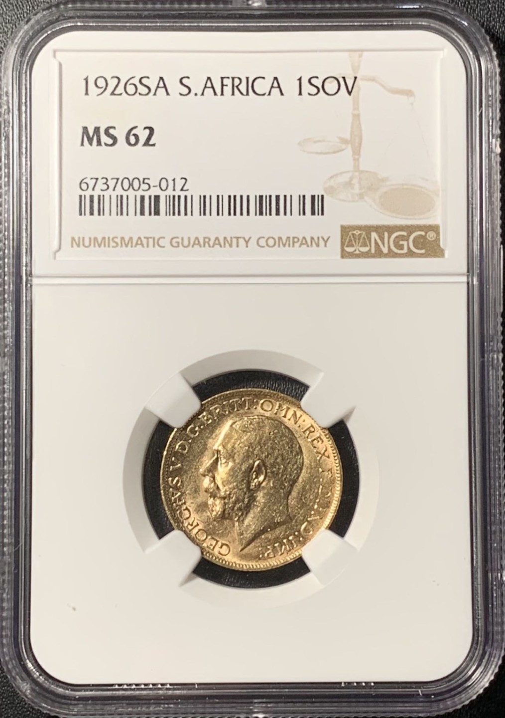 紫瑗钱币——第268期拍卖 南非 1926年 乔治五世 1索维林(磅) 金币 NGC MS62