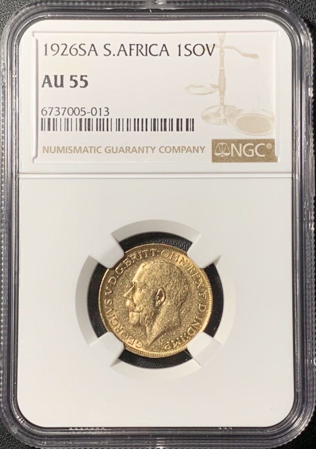 紫瑗钱币——第268期拍卖 南非 1926年 乔治五世 1索维林(磅) 金币 NGC AU55
