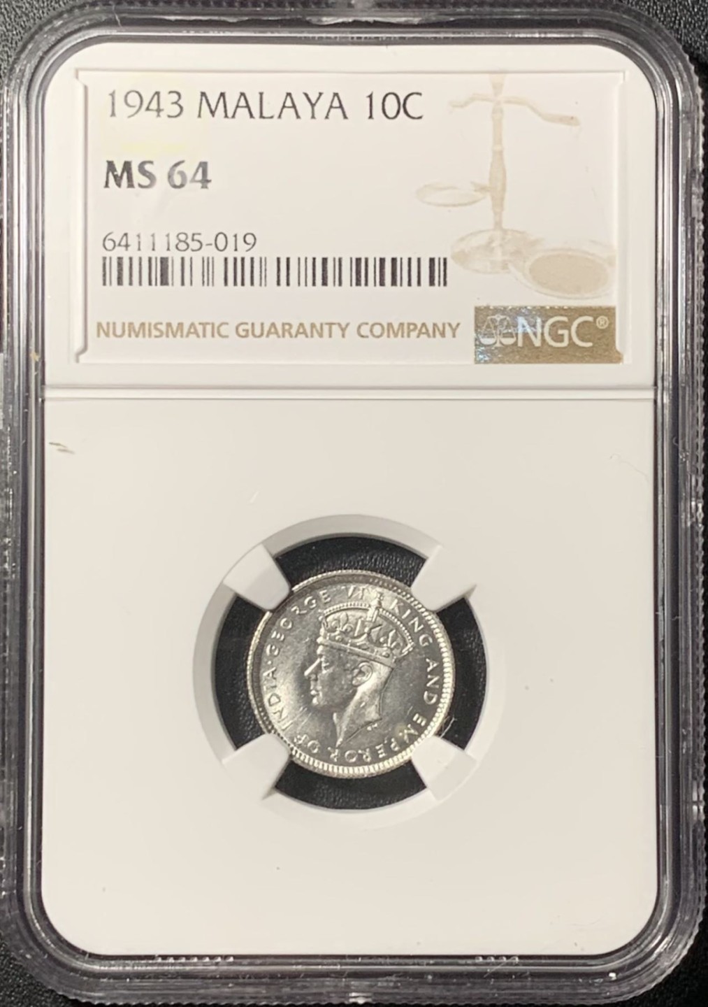 紫瑗钱币——第268期拍卖 马来亚 1943年 乔治六世 10分 银币 NGC MS64