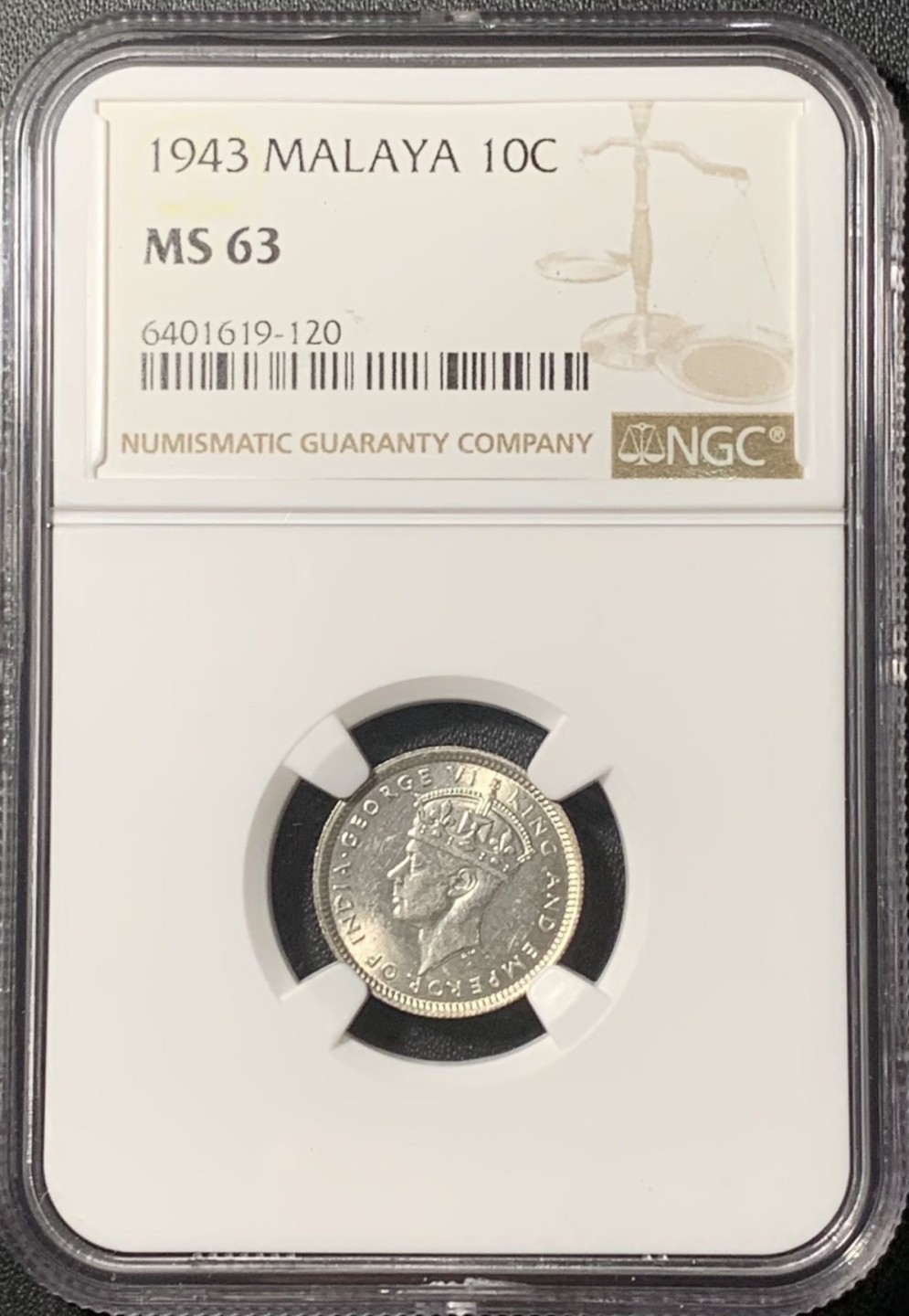 紫瑗钱币——第268期拍卖 马来亚 1943年 乔治六世 10分 银币 NGC MS63