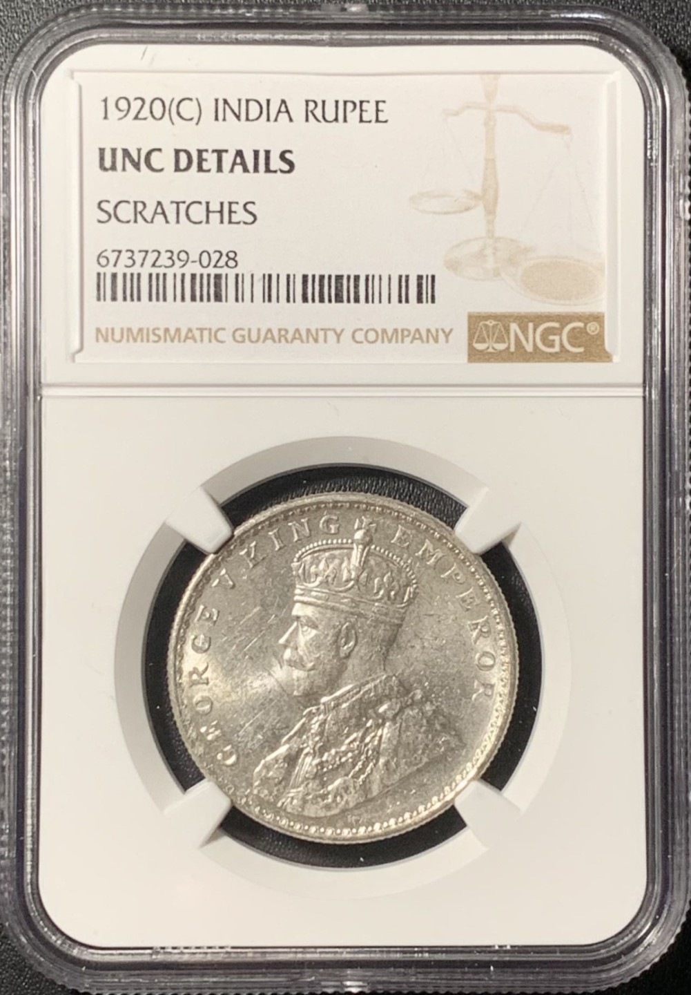 紫瑗钱币——第268期拍卖 英属印度 1920年 C版 乔治五世 1卢比 银币 NGC UNC Detail