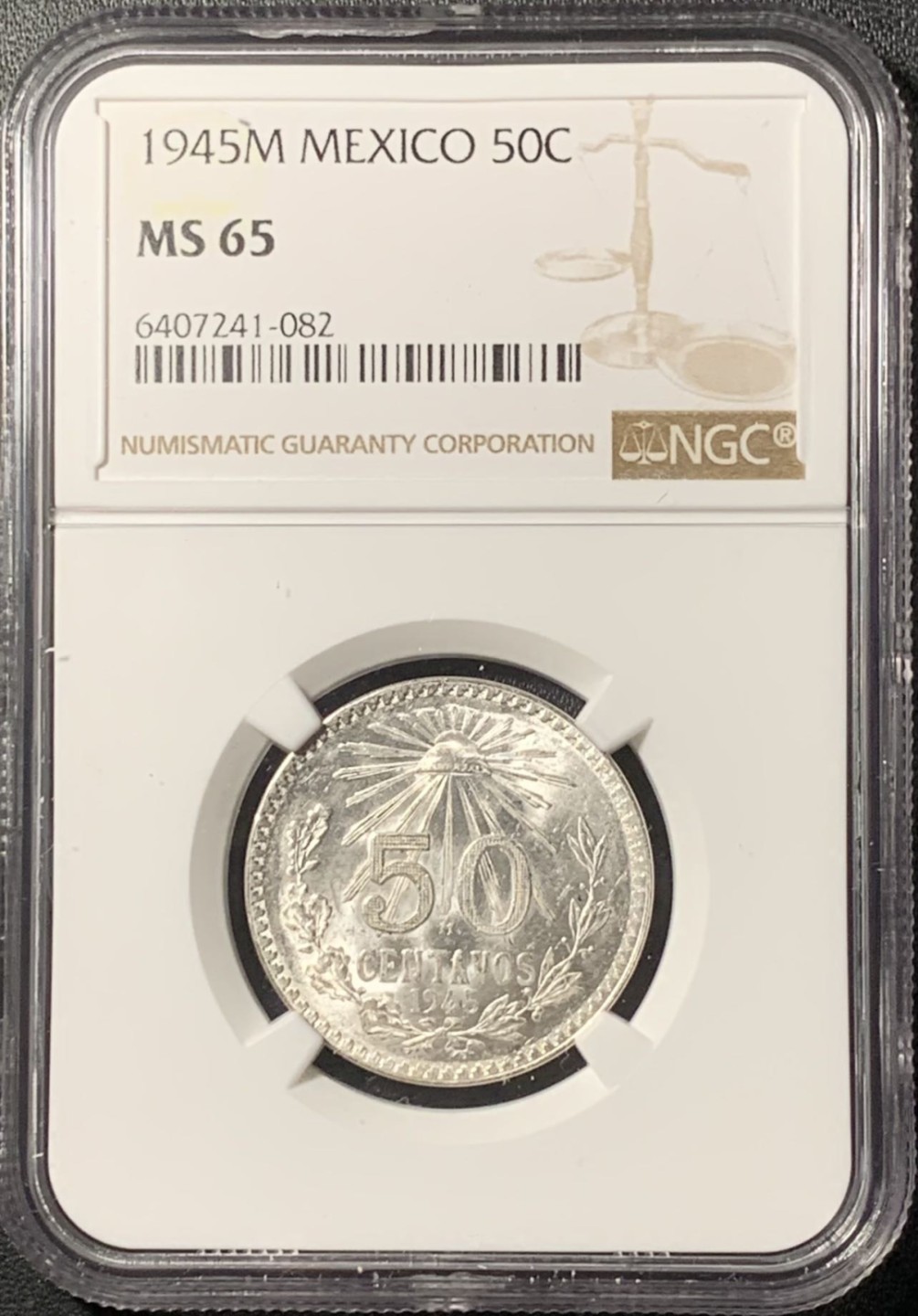紫瑗钱币——第268期拍卖 墨西哥 1945年 M版 鹰洋 50分 银币 NGC MS65