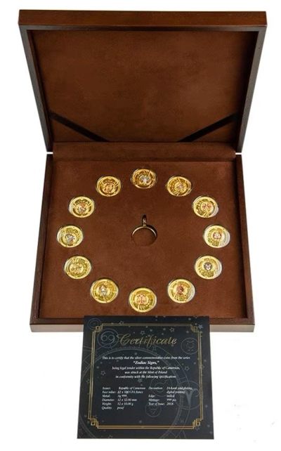【海寧潮】喀麦隆2018年十二星座镀金精制纪念银币12枚全套原价6999