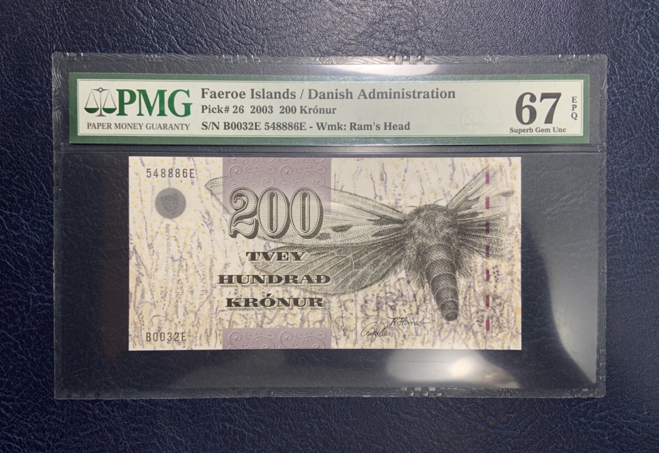 收藏联盟Quantum Auction 第257期拍卖  法罗群岛2003年200克朗 PMG67 大飞蛾 初版