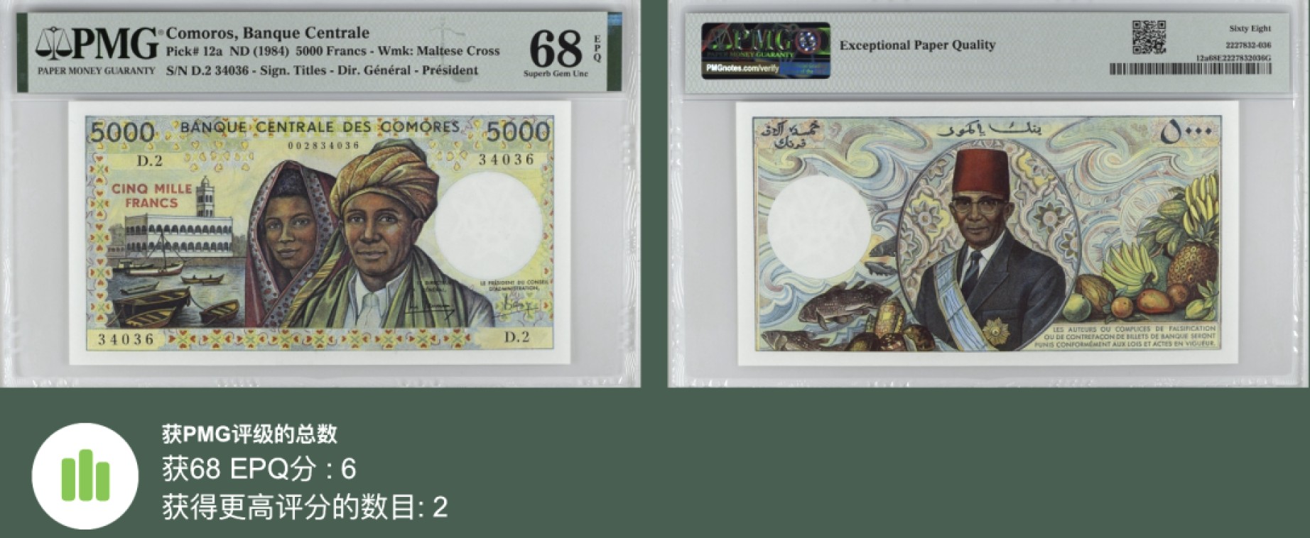 张总朋友收藏100期—外币饕餮盛宴(68及以上超高分&名誉品)  科摩罗5000法郎 PMG68E 1984年 亚军分 更高分仅2张