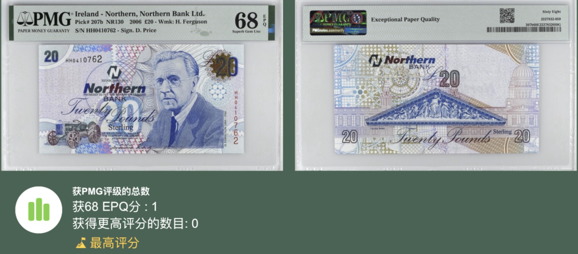 张总朋友收藏100期—外币饕餮盛宴(68及以上超高分&名誉品)  北爱尔兰20镑 PMG68E 2006年版 北方银行 唯一冠军分