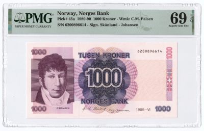 张总朋友收藏100期—外币饕餮盛宴(68及以上超高分&名誉品)  - 挪威1000克朗 PMG69E 1989年首发年 冠军分