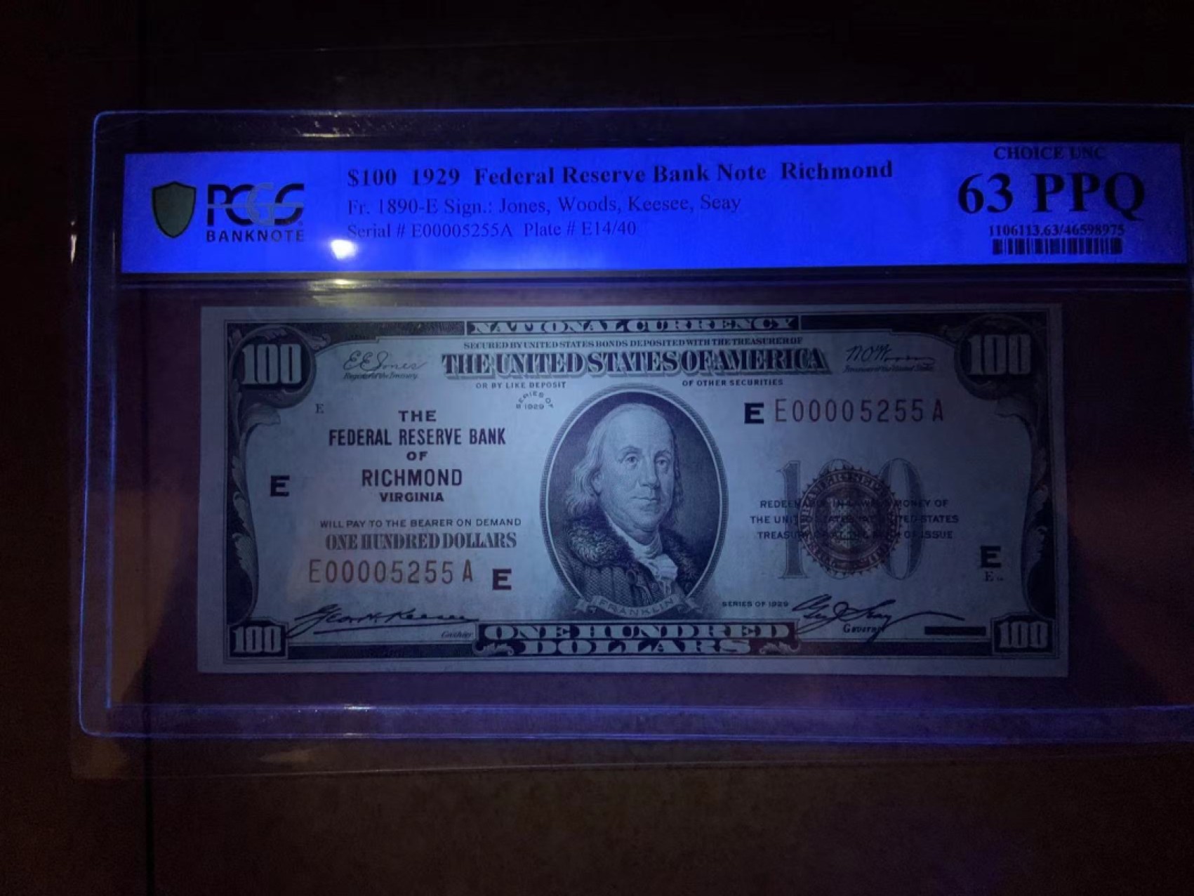 收藏联盟Quantum Auction 第256期拍卖  美国1929年国民银行券100元 PCGS63ppq 千位号 号码无4