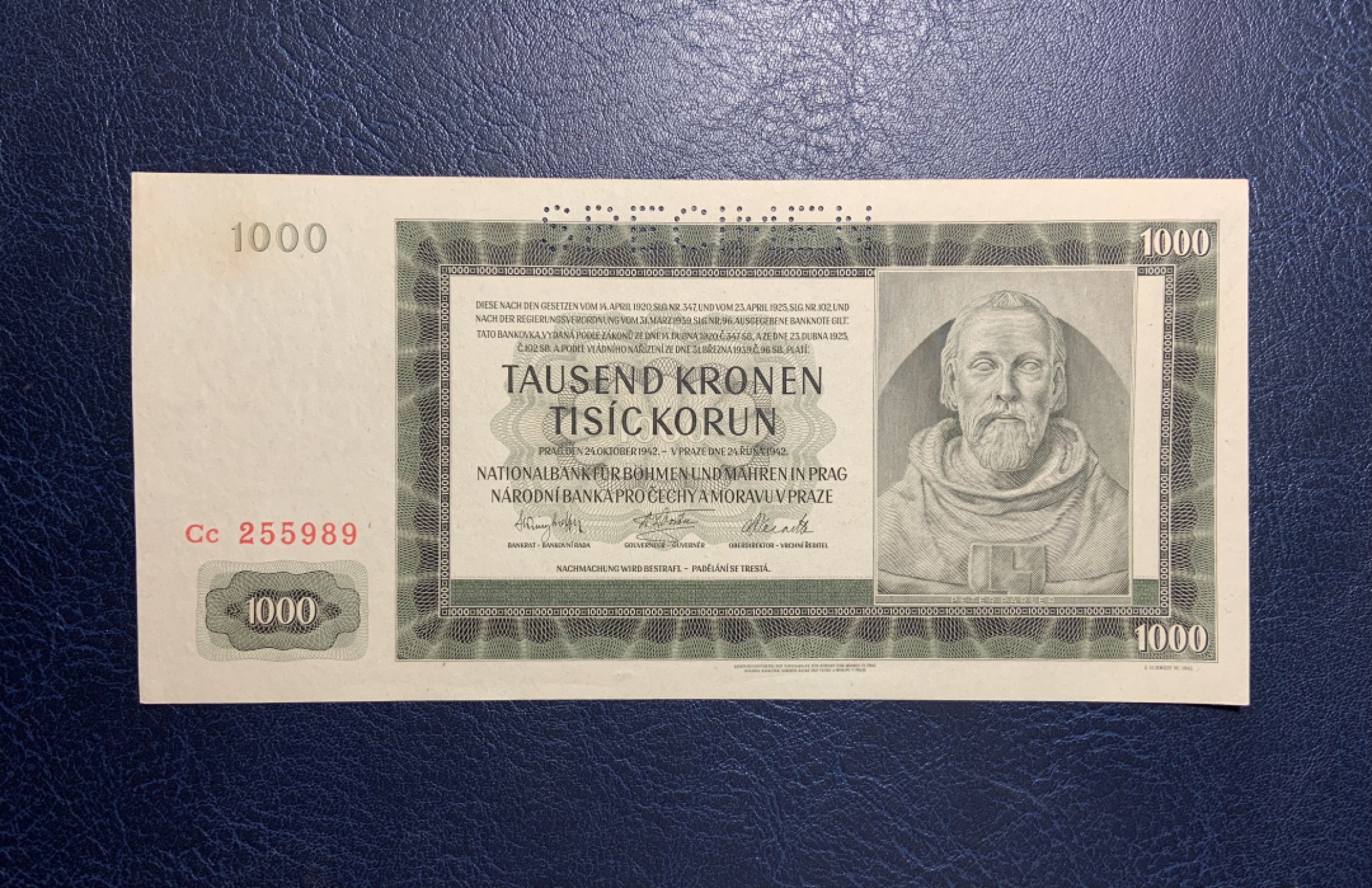 收藏联盟Quantum Auction 第257期拍卖  波西米亚和摩拉维亚1942年1000克朗样票 品相UNC-  细节如图