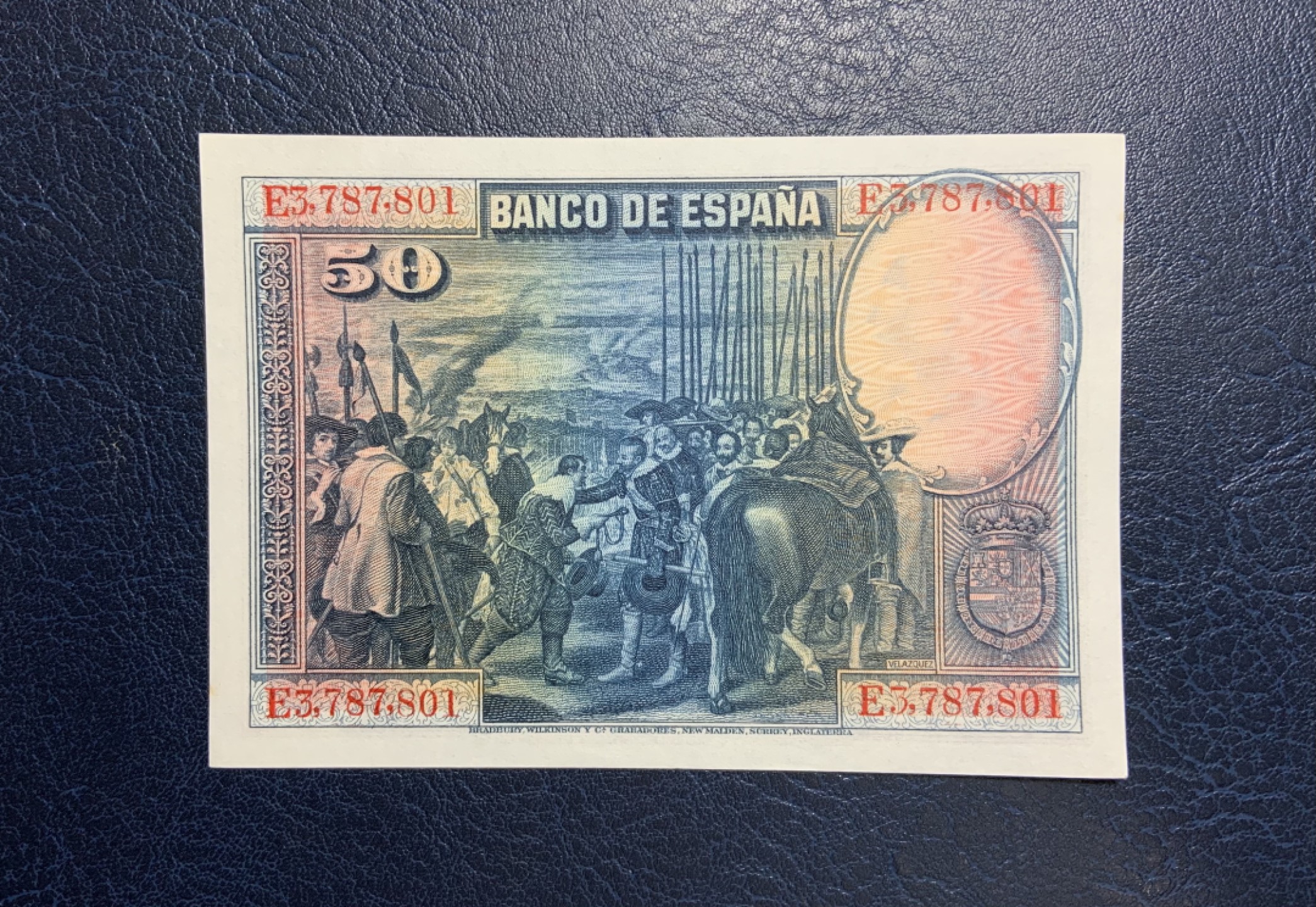 收藏联盟Quantum Auction 第257期拍卖  西班牙1928年50比塞塔 品相UNC- 点钞痕和边缘瑕疵 细节如图