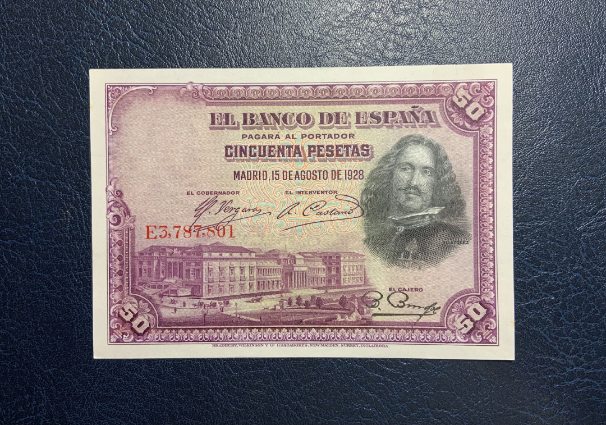 收藏联盟Quantum Auction 第257期拍卖  西班牙1928年50比塞塔 品相UNC- 点钞痕和边缘瑕疵 细节如图