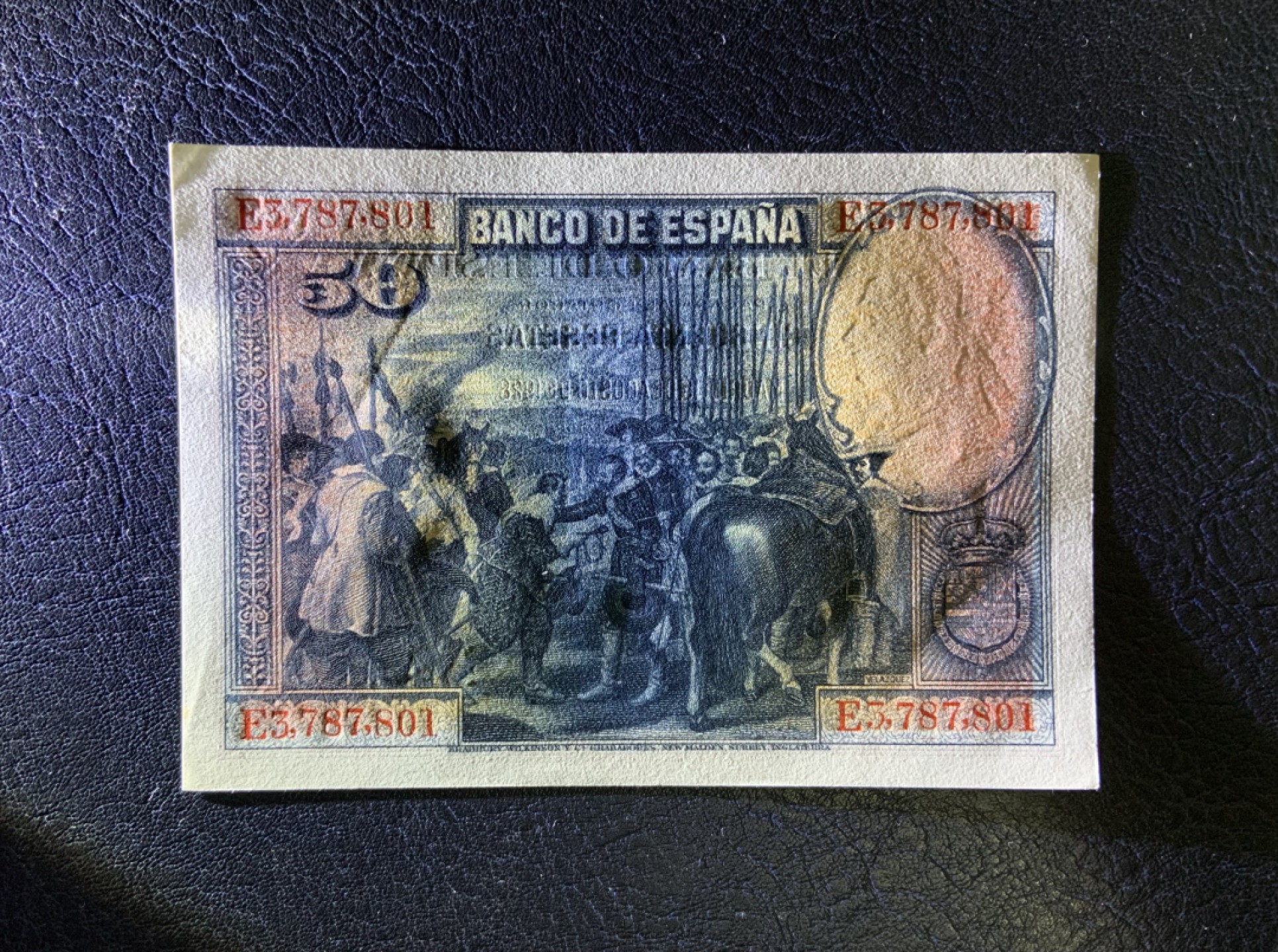 收藏联盟Quantum Auction 第257期拍卖  西班牙1928年50比塞塔 品相UNC- 点钞痕和边缘瑕疵 细节如图