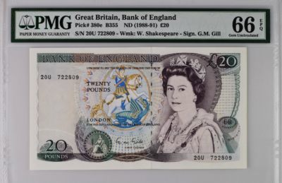 《张总朋友收藏》101期—外币名誉品 - 英国D序列1988-91年20镑Pick-380e稀少莎翁水印Gill签PMG66E无4