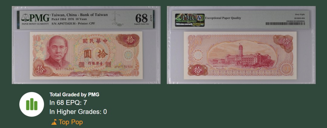 张总朋友收藏100期—外币饕餮盛宴(68及以上超高分&名誉品)  中国台湾1976年10元中山像PMG68E冠军分 仅7张 雕刻精美 配色出色