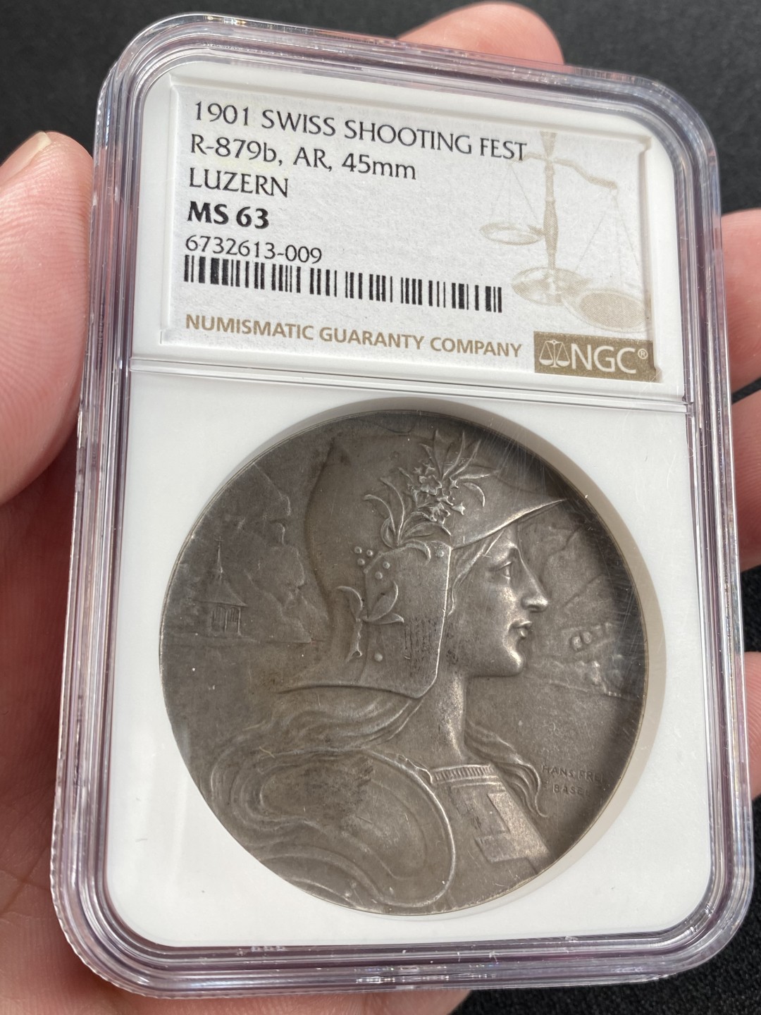 万国钱币拍卖第008期（慕尼黑2T之夜） NGC MS63 瑞士卢瑟恩射击节女神大银章，原味包浆精美高浮雕加厚盒。