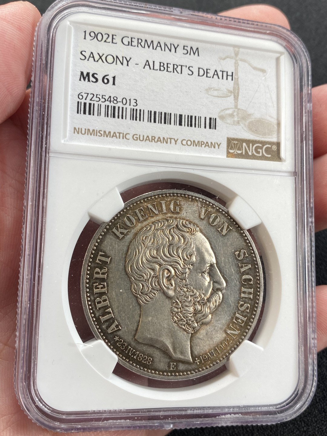 万国钱币拍卖第008期（慕尼黑2T之夜） NGC MS61 1902年德国萨克森阿尔伯特逝世纪念五彩5马克