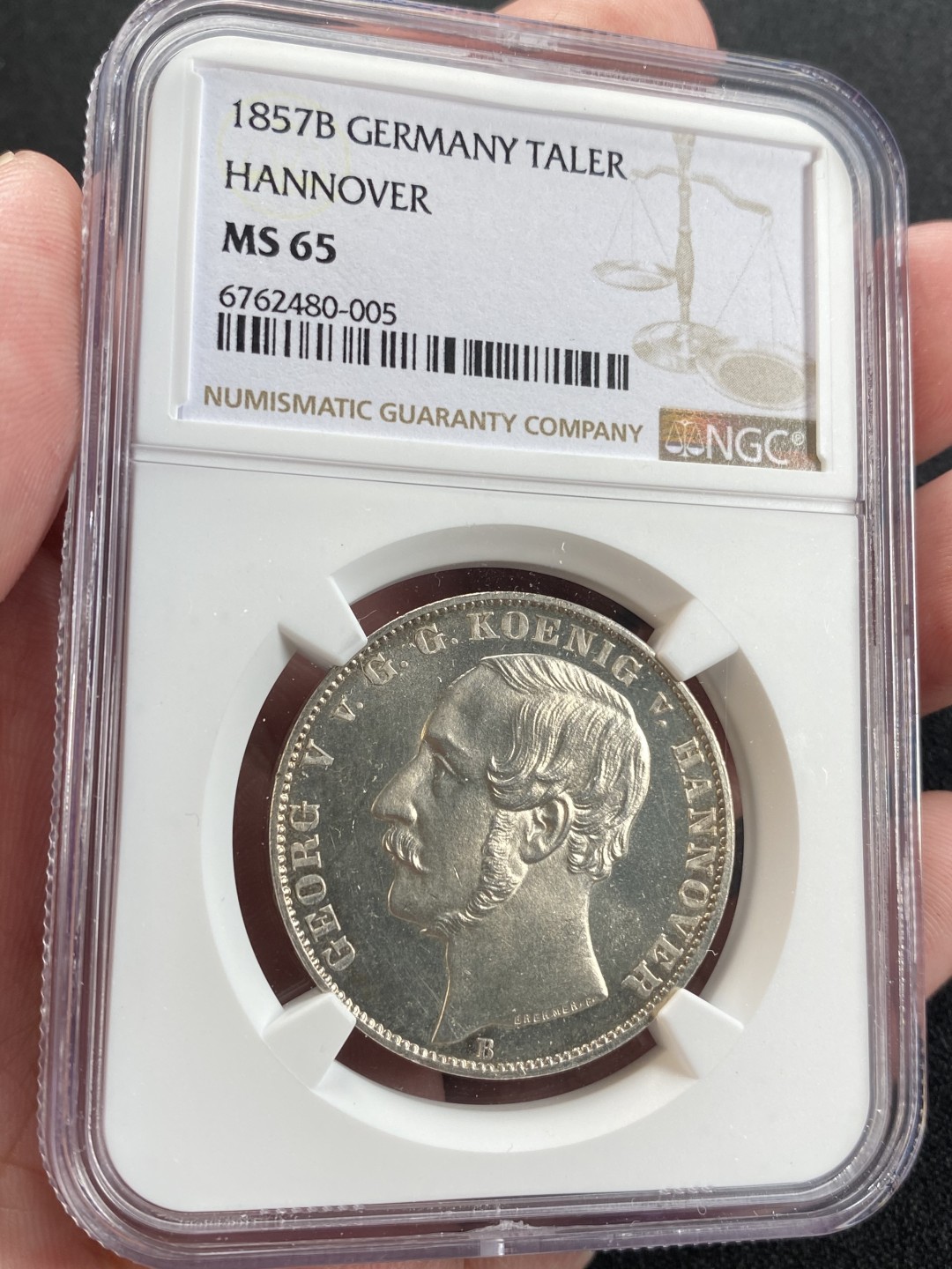 万国钱币拍卖第008期（慕尼黑2T之夜） NGC MS65 1857年德国汉诺威1泰勒 狮马首年 难度极大