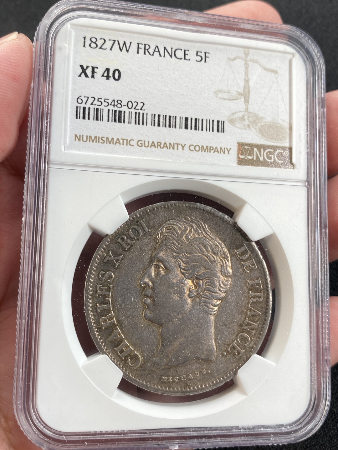 万国钱币拍卖第008期（慕尼黑2T之夜） NGC XF40 1827W法国查理十世五彩5法郎 相当严重的低评
