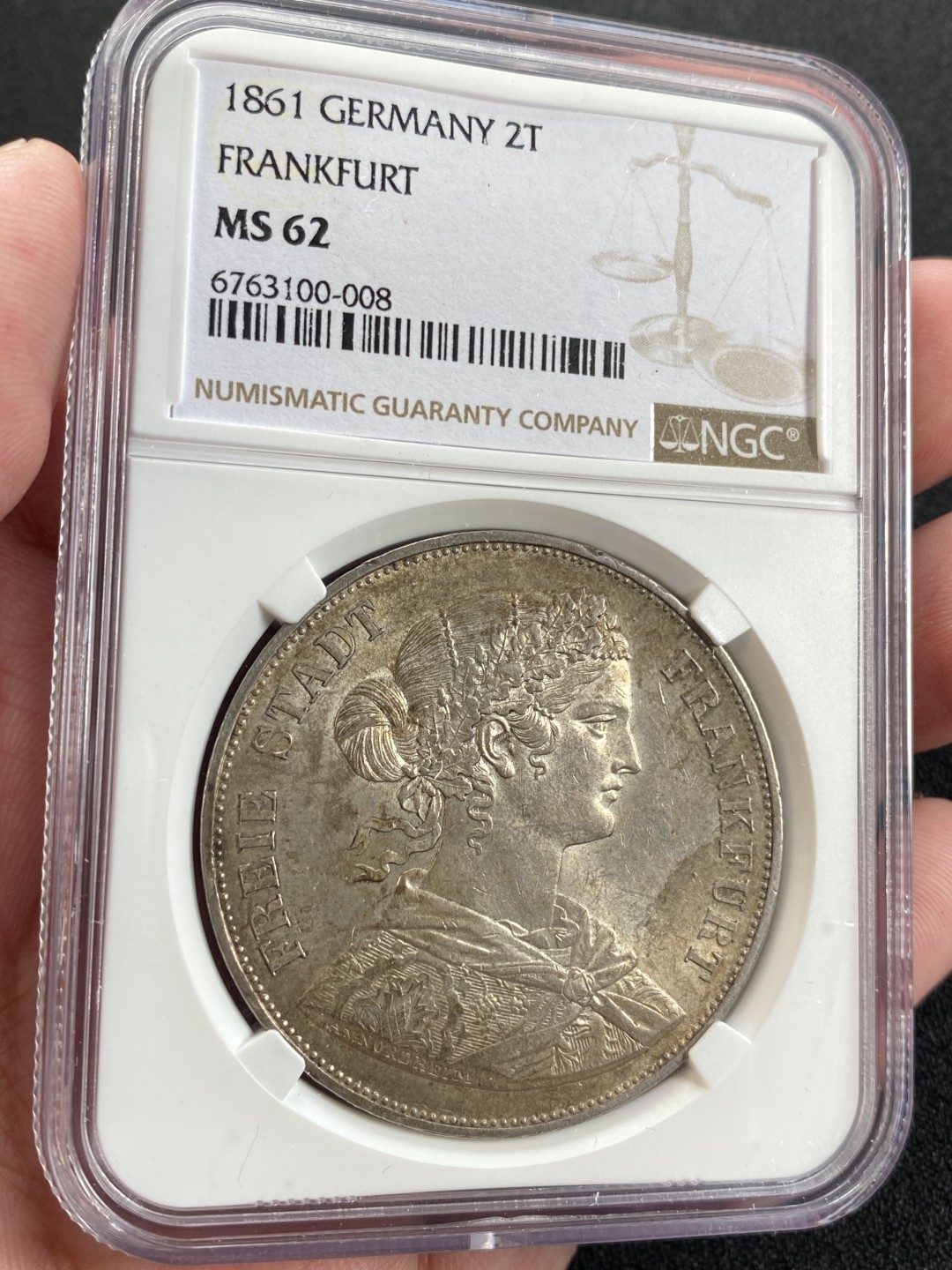 万国钱币拍卖第008期（慕尼黑2T之夜） NGC MS62 1861年德国法兰克福少女2泰勒 原味无洗非常难得