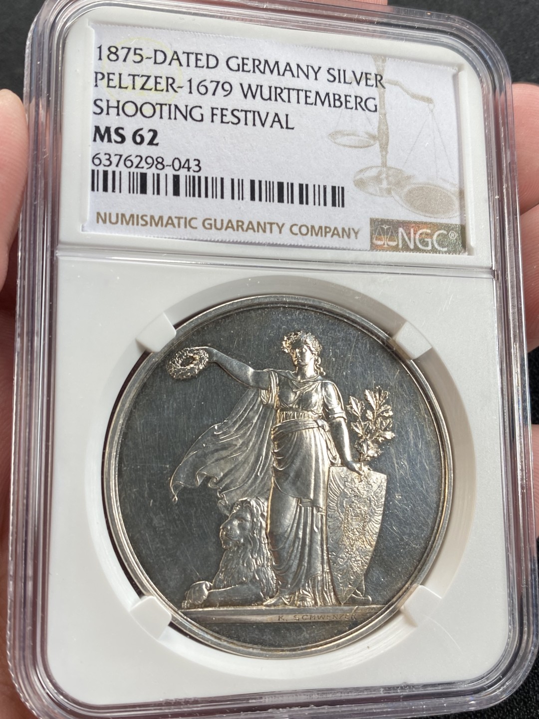 万国钱币拍卖第008期（慕尼黑2T之夜） NGC MS62 1875年德国符腾堡联邦射击节纪念大银章 