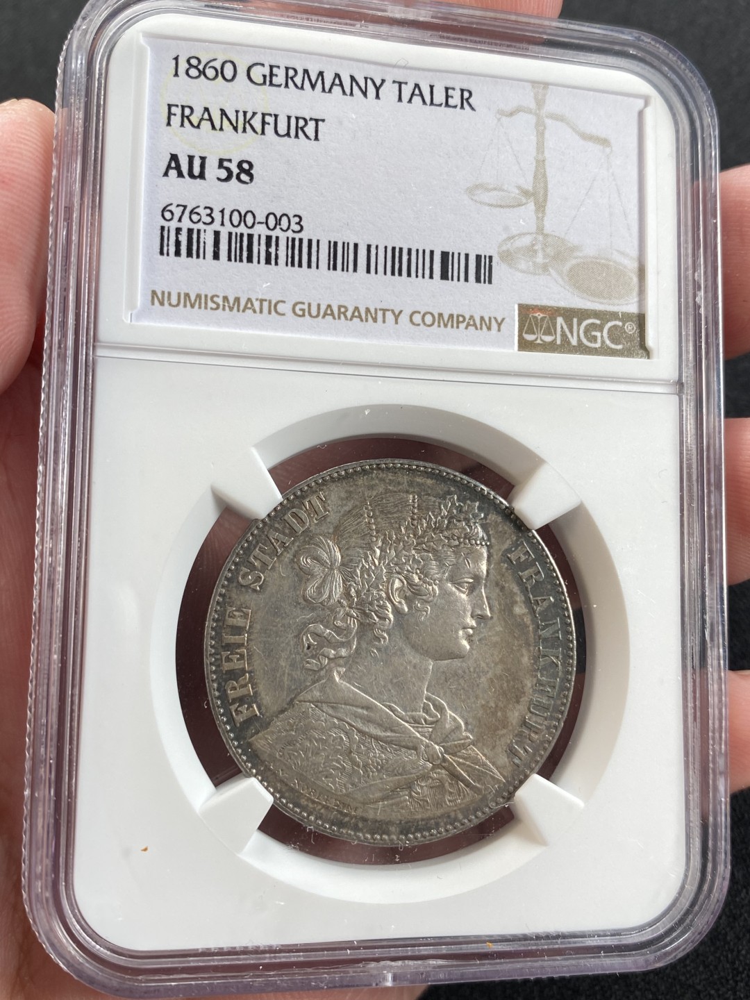 万国钱币拍卖第008期（慕尼黑2T之夜） NGC AU58 1860年德国法兰克福五彩少女1泰勒