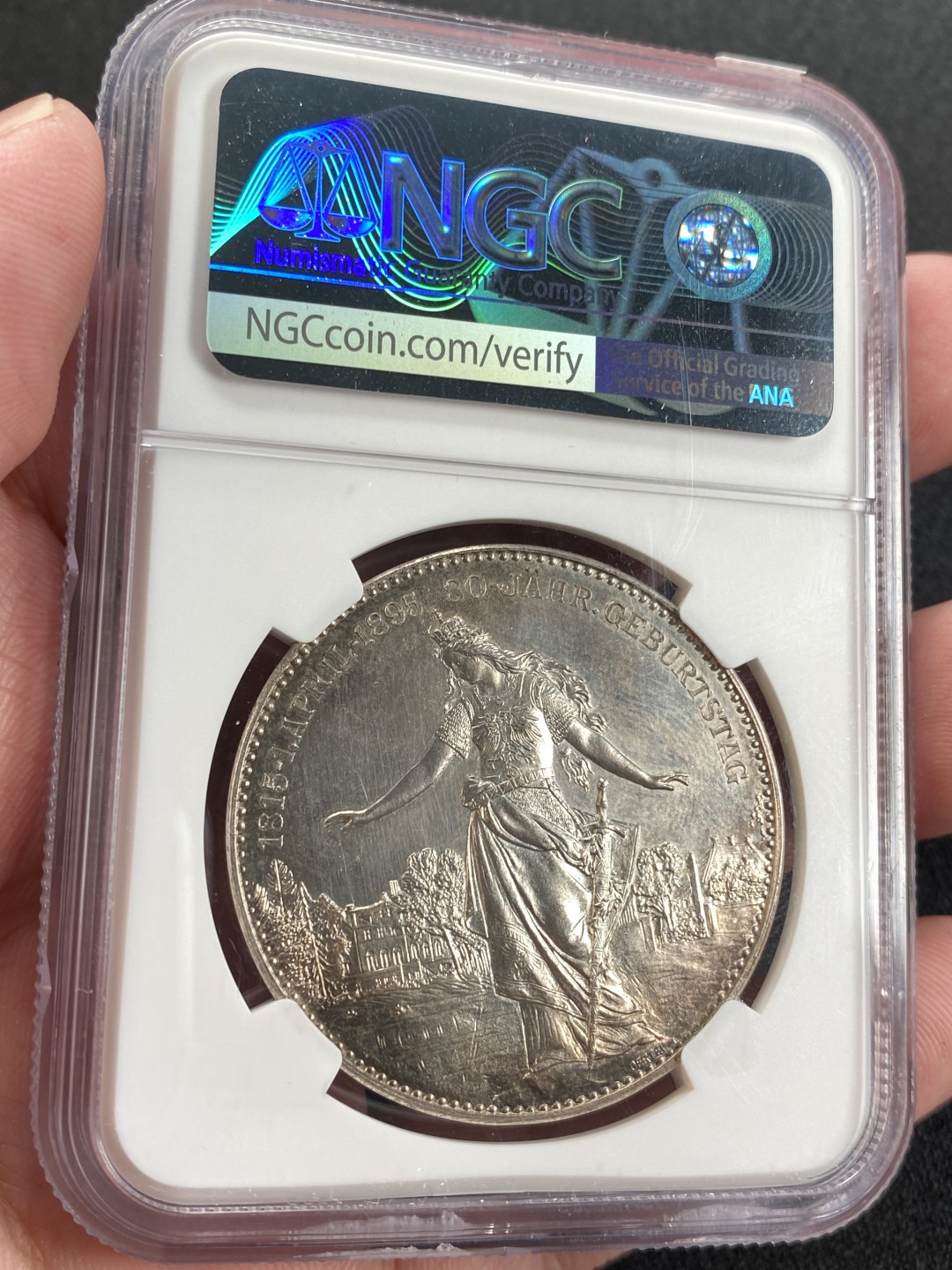 万国钱币拍卖第008期（慕尼黑2T之夜） NGC MS62 1895年德国铁血宰相俾斯麦八十大寿镀银纪念章，严重低评，好品好状态。