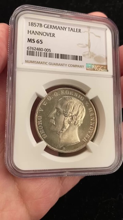 万国钱币拍卖第008期（慕尼黑2T之夜） NGC MS65 1857年德国汉诺威1泰勒 狮马首年 难度极大