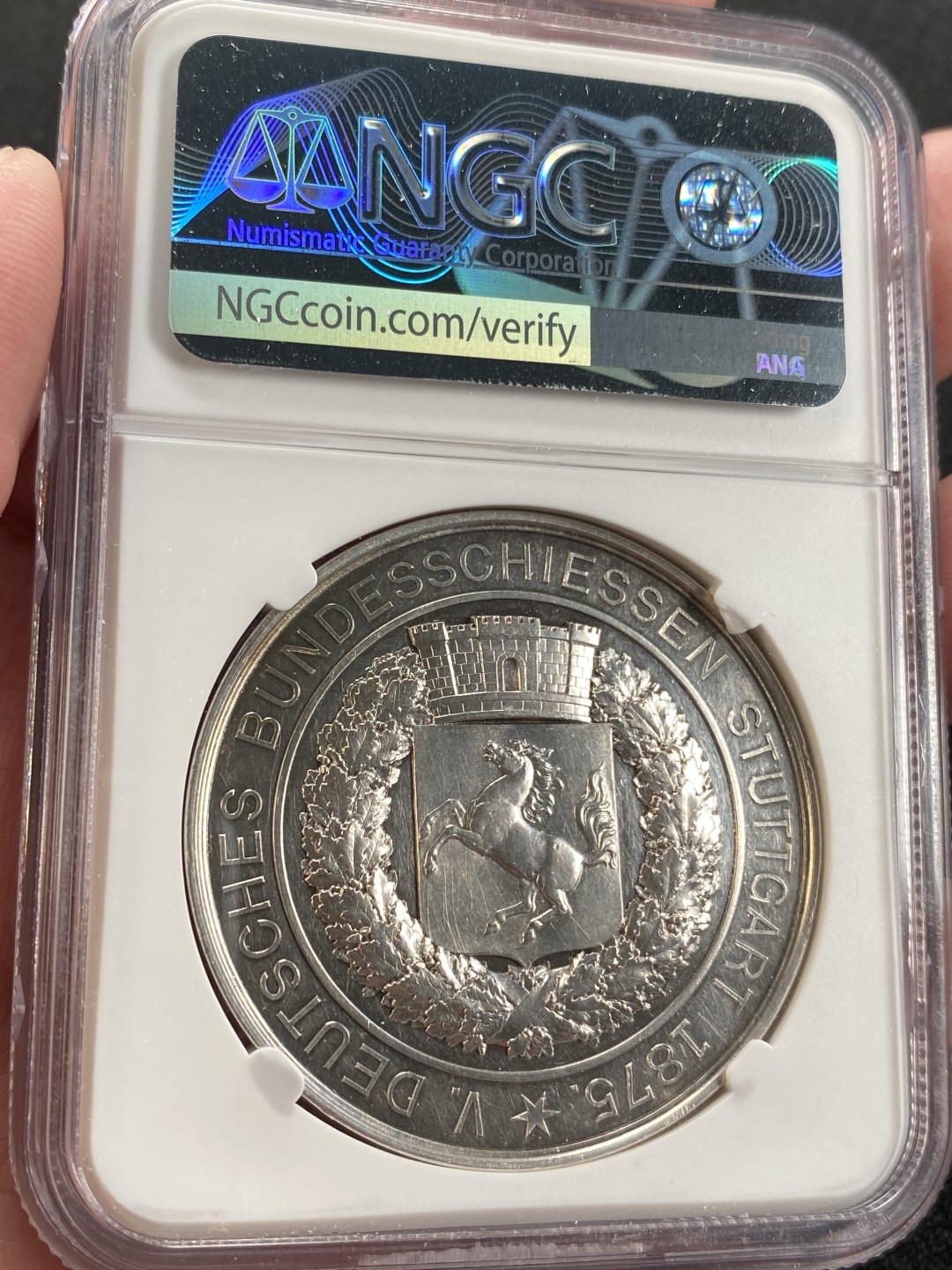 万国钱币拍卖第008期（慕尼黑2T之夜） NGC MS62 1875年德国符腾堡联邦射击节纪念大银章 