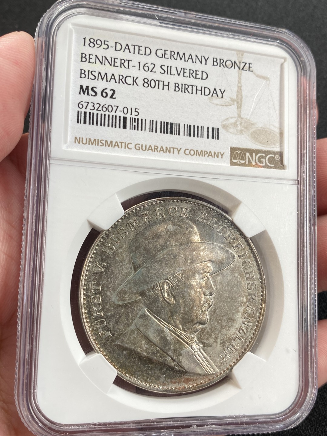 万国钱币拍卖第008期（慕尼黑2T之夜） NGC MS62 1895年德国铁血宰相俾斯麦八十大寿镀银纪念章，严重低评，好品好状态。